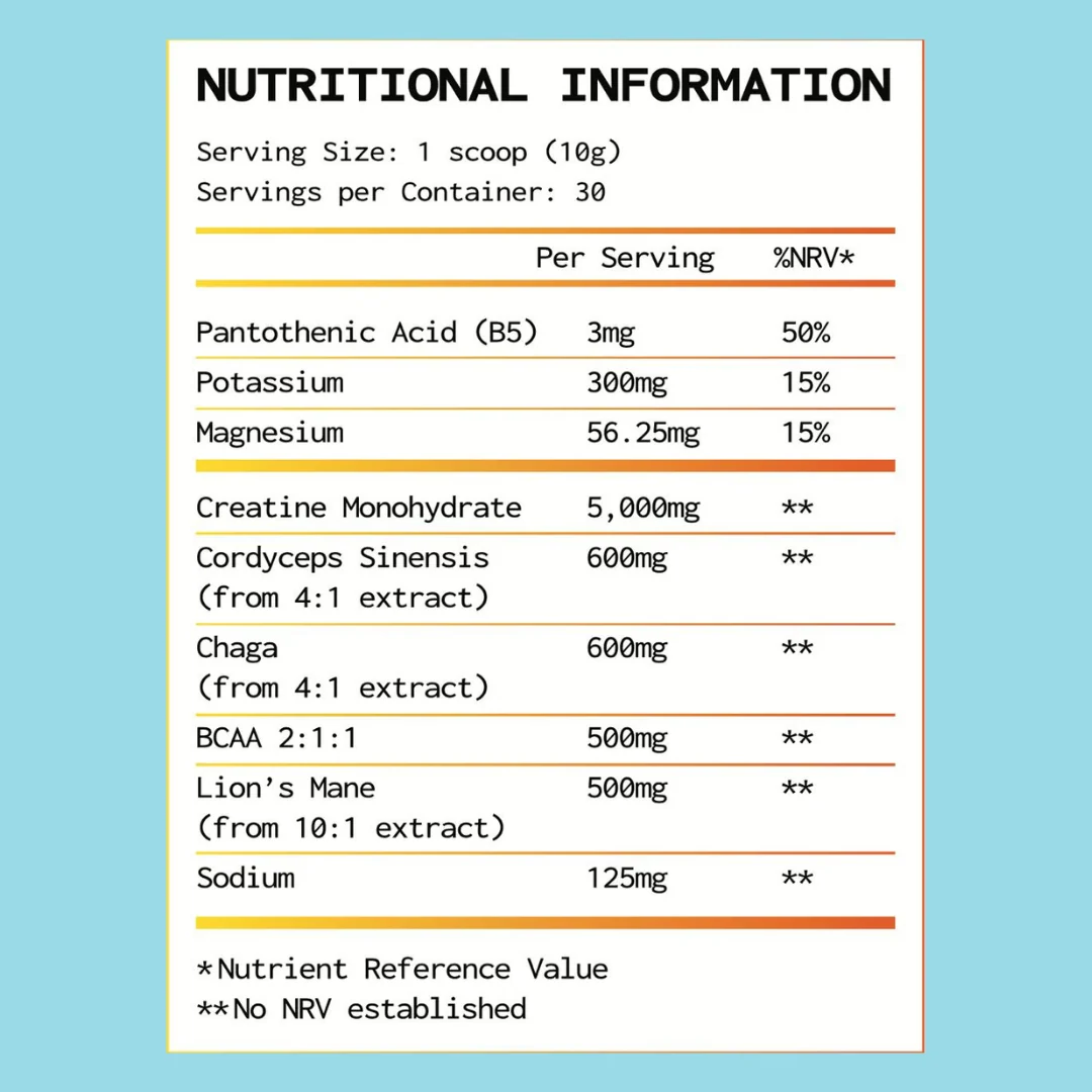 Nutritional information for AMPD Creatine+ Citrus Twist: 1 scoop (10g), 30 servings per container, 5,000mg creatine monohydrate, 600mg Cordyceps Sinensis, 600mg Chaga, 500mg BCAA 2:1:1, 500mg Lion's Mane, 3mg Pantothenic Acid (B5), 300mg potassium, 125mg sodium, 56.25mg magnesium.